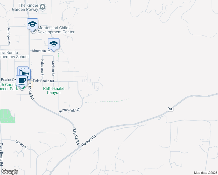 map of restaurants, bars, coffee shops, grocery stores, and more near 14701 Twin Peaks Road in Poway