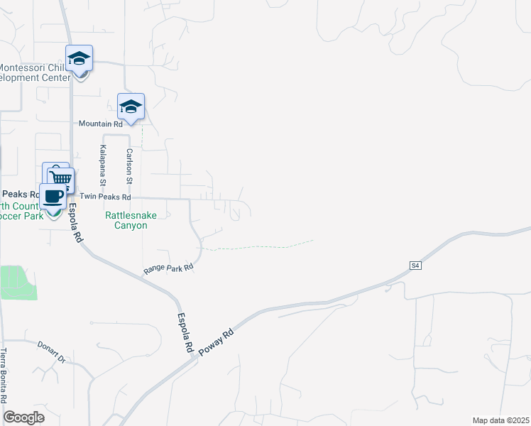map of restaurants, bars, coffee shops, grocery stores, and more near 130291/2 Poway Road in Poway