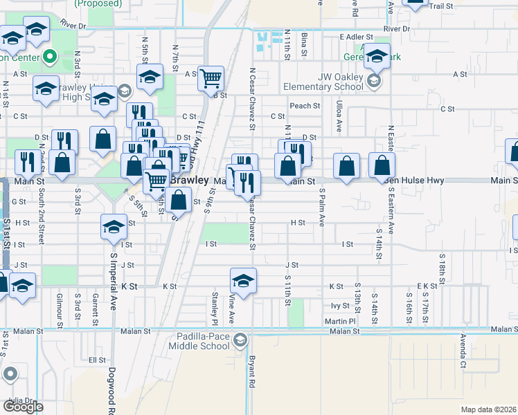 map of restaurants, bars, coffee shops, grocery stores, and more near 1028 G Street in Brawley