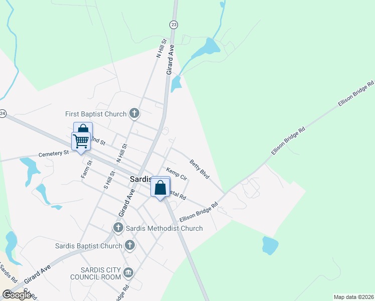 map of restaurants, bars, coffee shops, grocery stores, and more near 645 Betty Boulevard in Sardis