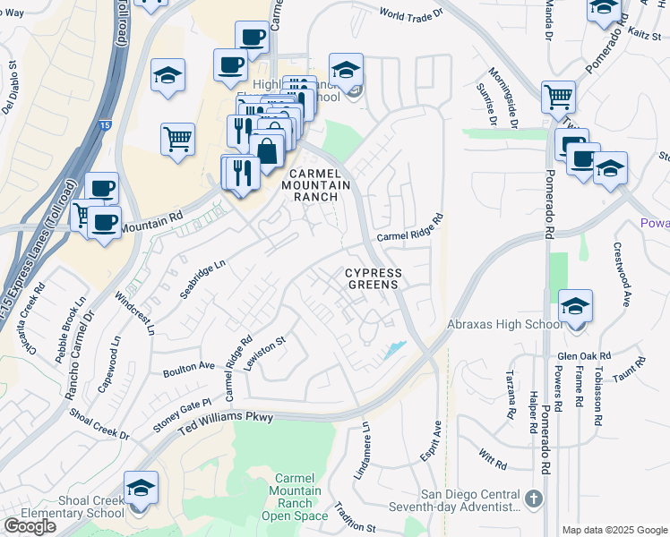 map of restaurants, bars, coffee shops, grocery stores, and more near 11908 Tivoli Park Row in San Diego