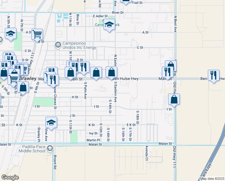 map of restaurants, bars, coffee shops, grocery stores, and more near 205 S Eastern Ave in Brawley