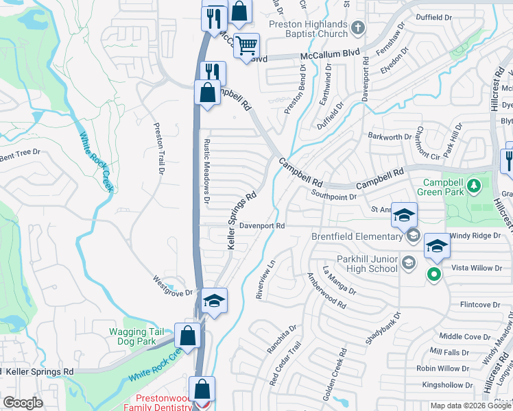 map of restaurants, bars, coffee shops, grocery stores, and more near 6350 Keller Springs Road in Dallas