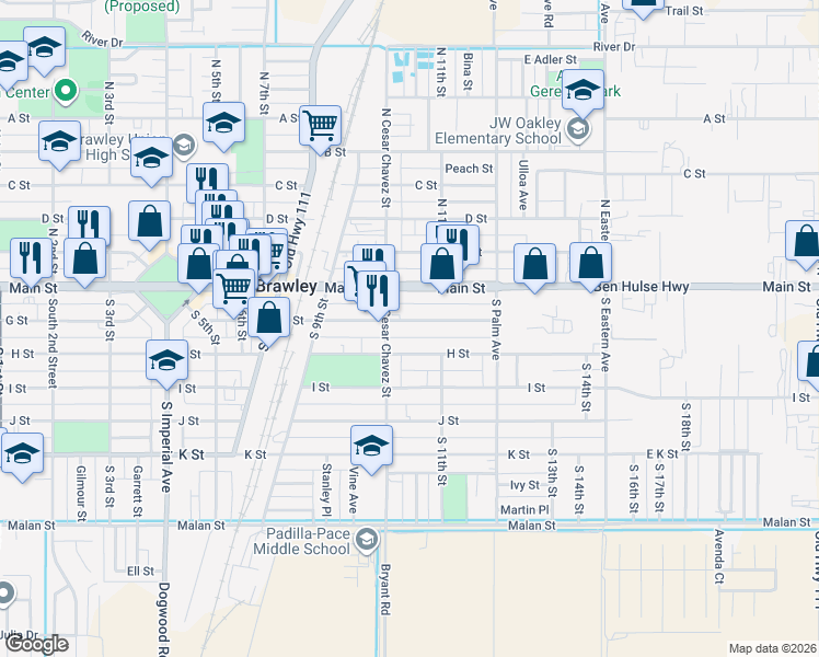 map of restaurants, bars, coffee shops, grocery stores, and more near 1028 G Street in Brawley