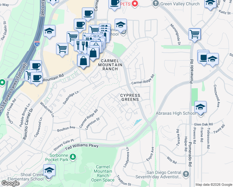 map of restaurants, bars, coffee shops, grocery stores, and more near 11908 Tivoli Park Row in San Diego