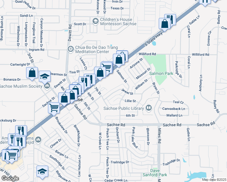 map of restaurants, bars, coffee shops, grocery stores, and more near 3519 Jewel Street in Sachse
