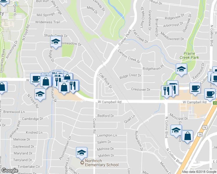 map of restaurants, bars, coffee shops, grocery stores, and more near 2021 Cap Rock Circle in Richardson