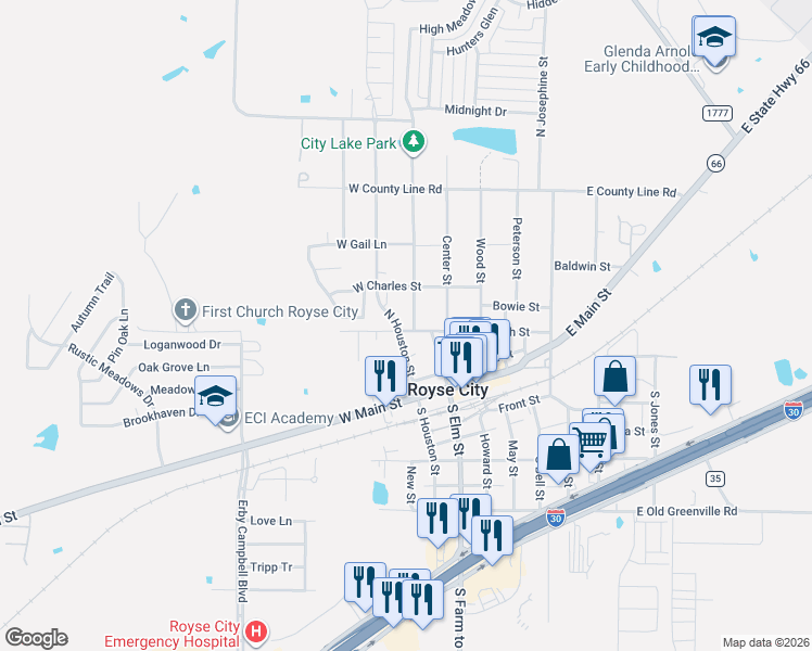 map of restaurants, bars, coffee shops, grocery stores, and more near 422 North Houston Street in Royse City