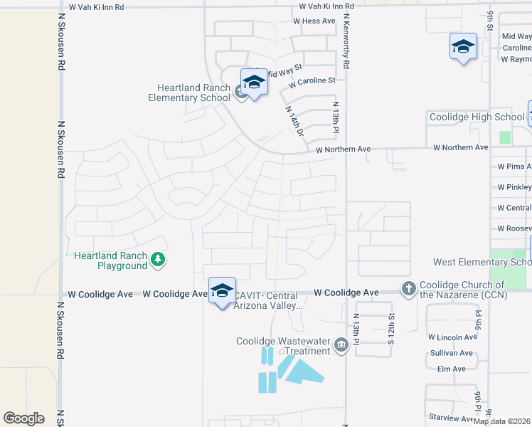 map of restaurants, bars, coffee shops, grocery stores, and more near 1602 West Central Avenue in Coolidge