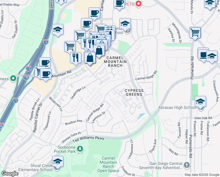 map of restaurants, bars, coffee shops, grocery stores, and more near 14190 Carmel Ridge Road in San Diego