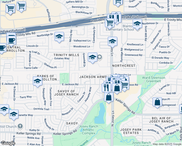 map of restaurants, bars, coffee shops, grocery stores, and more near 2228 Bunker Hill Drive in Carrollton