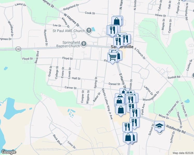 map of restaurants, bars, coffee shops, grocery stores, and more near 329 Spring Street in Sandersville