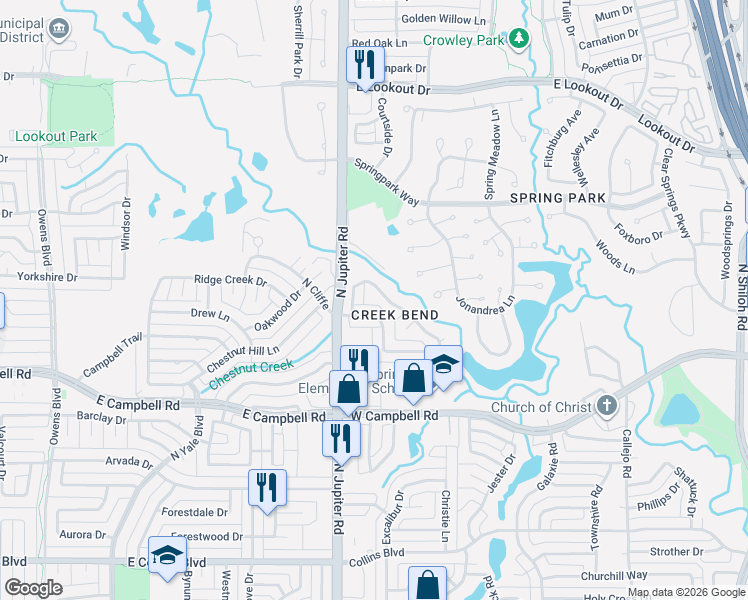 map of restaurants, bars, coffee shops, grocery stores, and more near 3322 Creekbend Drive in Garland