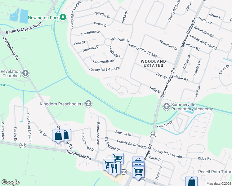 map of restaurants, bars, coffee shops, grocery stores, and more near 106 Chinquapin Drive in Summerville