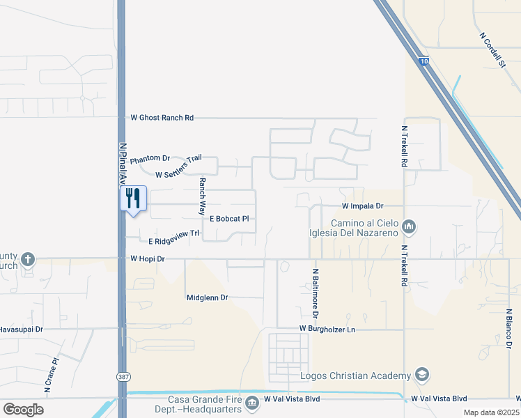 map of restaurants, bars, coffee shops, grocery stores, and more near 3880 Princeton Lane in Casa Grande