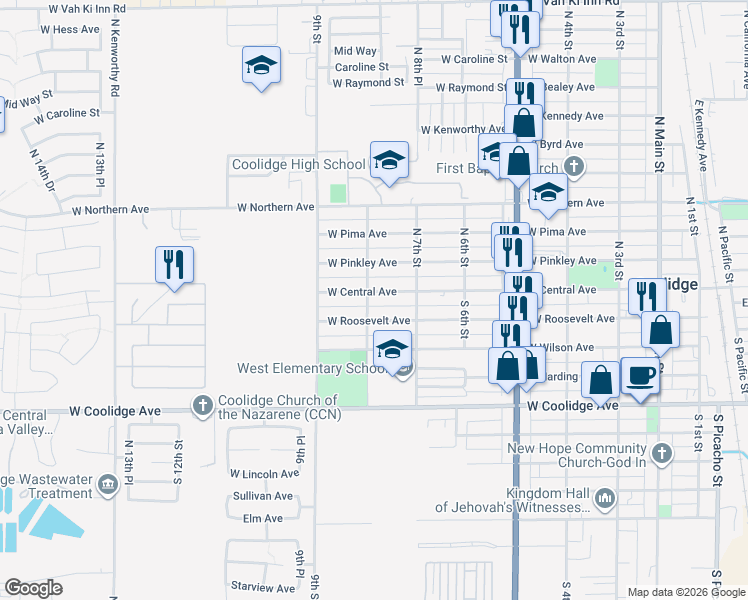 map of restaurants, bars, coffee shops, grocery stores, and more near 753 West Central Avenue in Coolidge