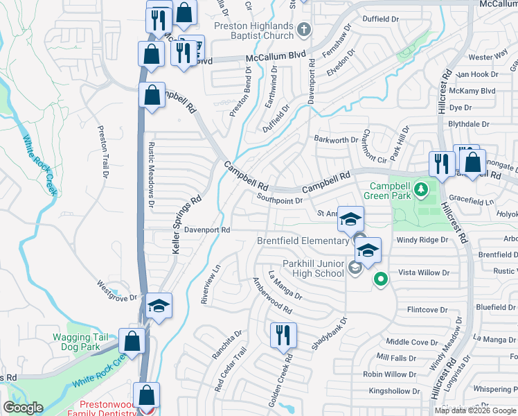 map of restaurants, bars, coffee shops, grocery stores, and more near 6466 Southpoint Drive in Dallas