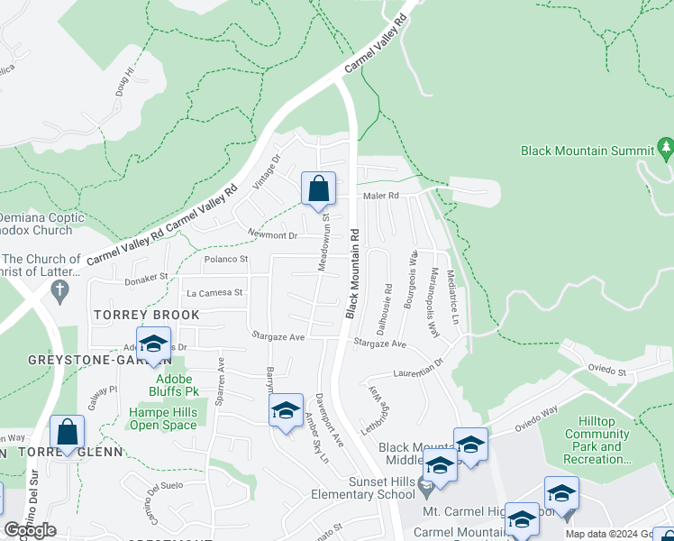 map of restaurants, bars, coffee shops, grocery stores, and more near 9168 Meadowrun Place in San Diego