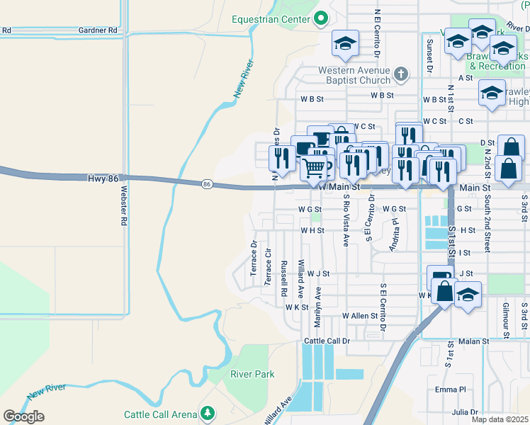 map of restaurants, bars, coffee shops, grocery stores, and more near 101-205 S Las Flores Dr in Brawley