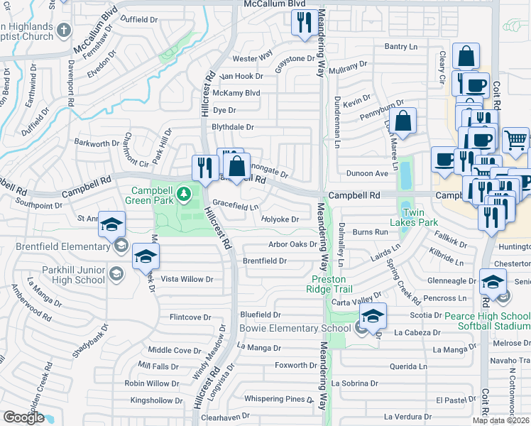 map of restaurants, bars, coffee shops, grocery stores, and more near 7223 Holyoke Drive in Dallas