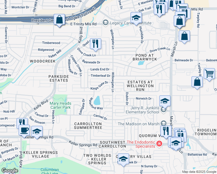 map of restaurants, bars, coffee shops, grocery stores, and more near 2540 Kings Gate Drive in Carrollton