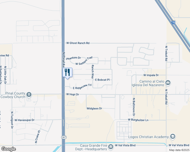 map of restaurants, bars, coffee shops, grocery stores, and more near 171 Impala Place in Casa Grande