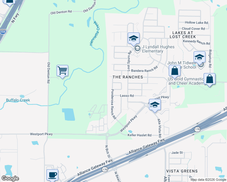 map of restaurants, bars, coffee shops, grocery stores, and more near 13600 Cherokee Ranch Road in Roanoke