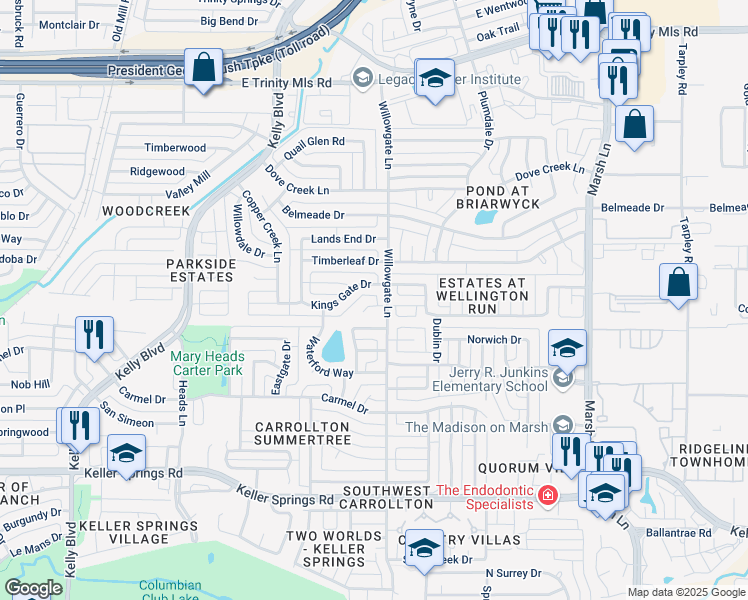 map of restaurants, bars, coffee shops, grocery stores, and more near 2540 Kings Gate Drive in Carrollton
