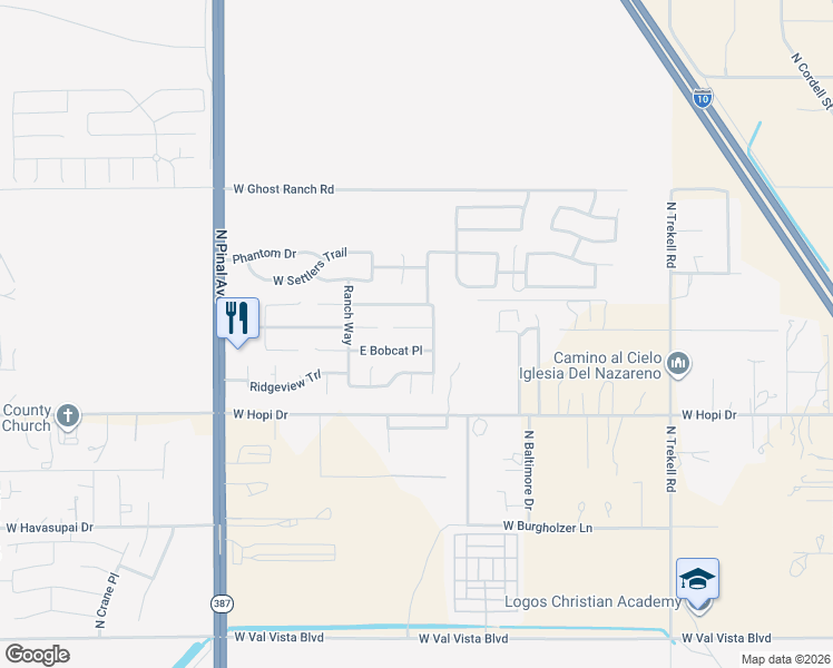 map of restaurants, bars, coffee shops, grocery stores, and more near 3880 Princeton Lane in Casa Grande