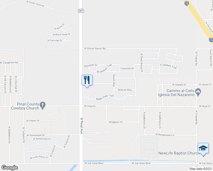 map of restaurants, bars, coffee shops, grocery stores, and more near 131 West Impala Drive in Casa Grande