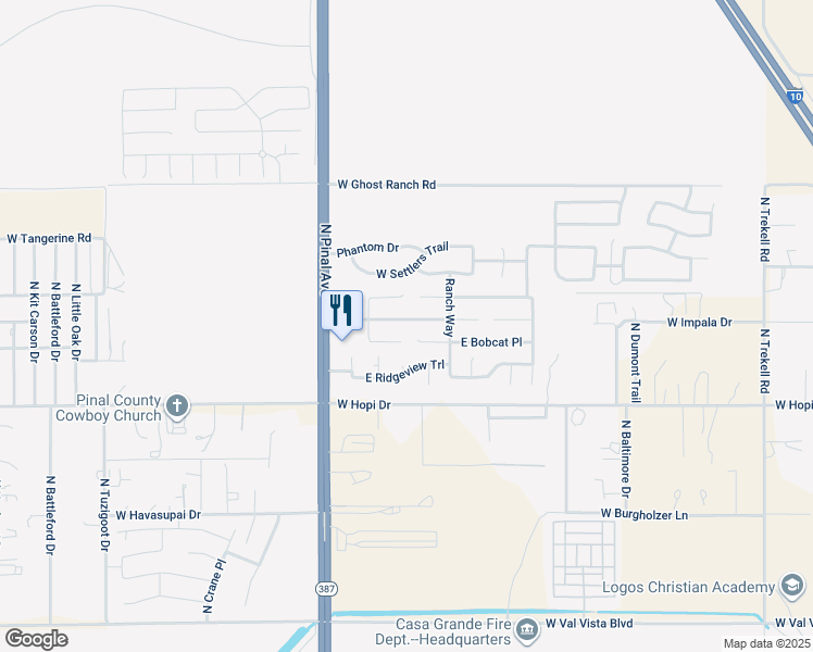 map of restaurants, bars, coffee shops, grocery stores, and more near 131 West Impala Drive in Casa Grande