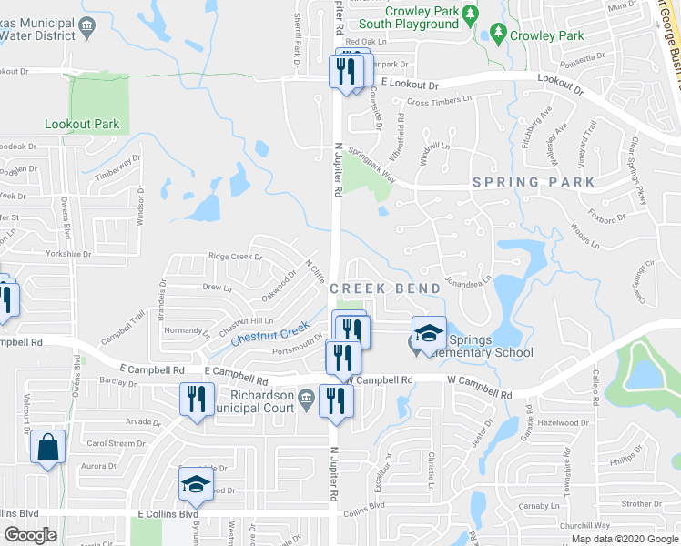 map of restaurants, bars, coffee shops, grocery stores, and more near 3417 Creekbend Drive in Garland
