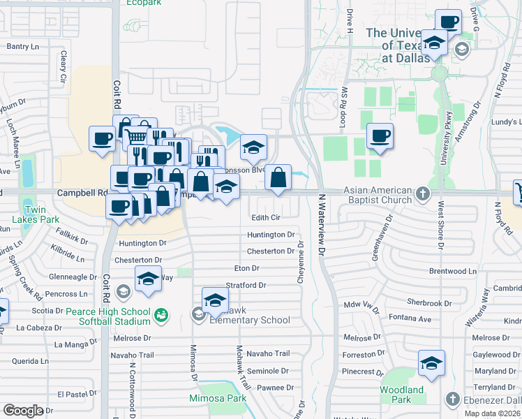 map of restaurants, bars, coffee shops, grocery stores, and more near 1904 Violet Place in Richardson