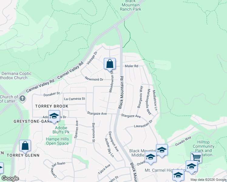 map of restaurants, bars, coffee shops, grocery stores, and more near 9144 Meadowrun Place in San Diego