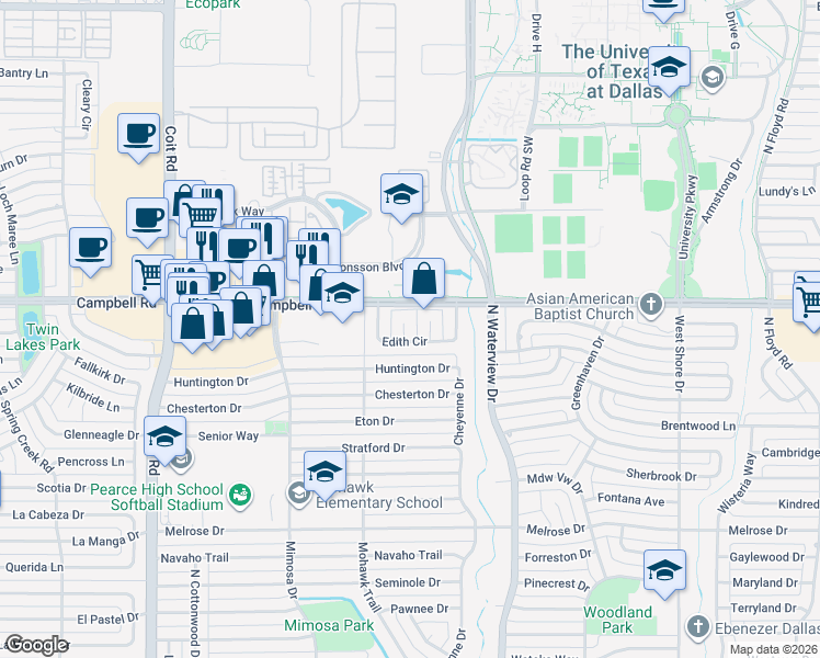 map of restaurants, bars, coffee shops, grocery stores, and more near 1904 Violet Place in Richardson