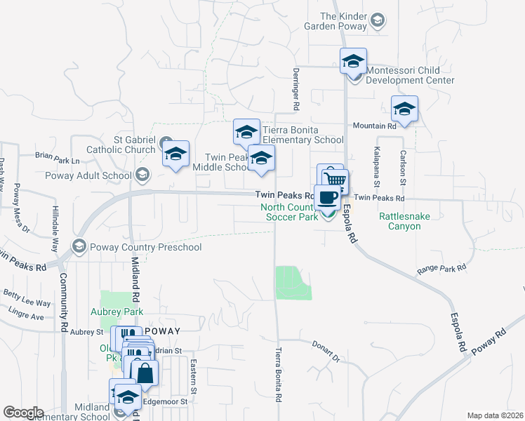 map of restaurants, bars, coffee shops, grocery stores, and more near 13963 Country Creek Road in Poway