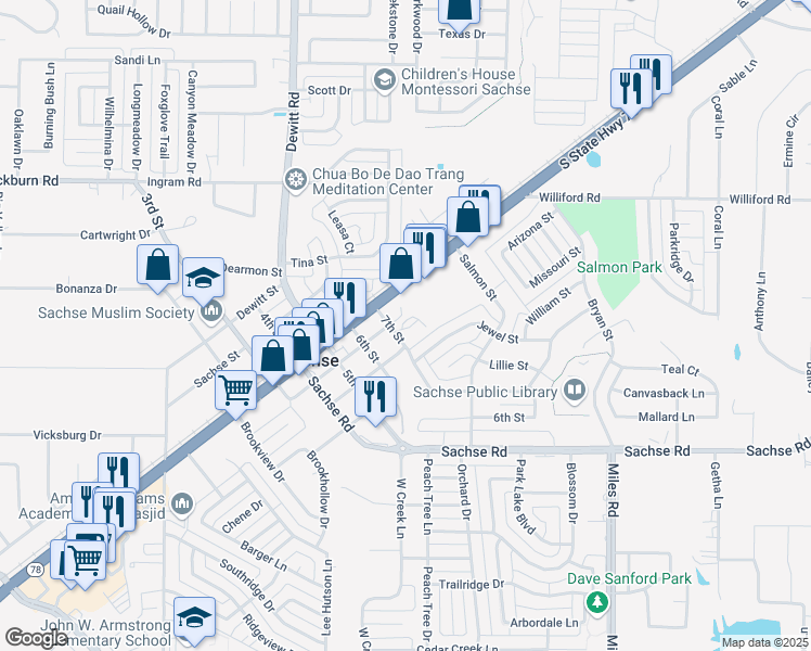 map of restaurants, bars, coffee shops, grocery stores, and more near 3317 7th Street in Sachse