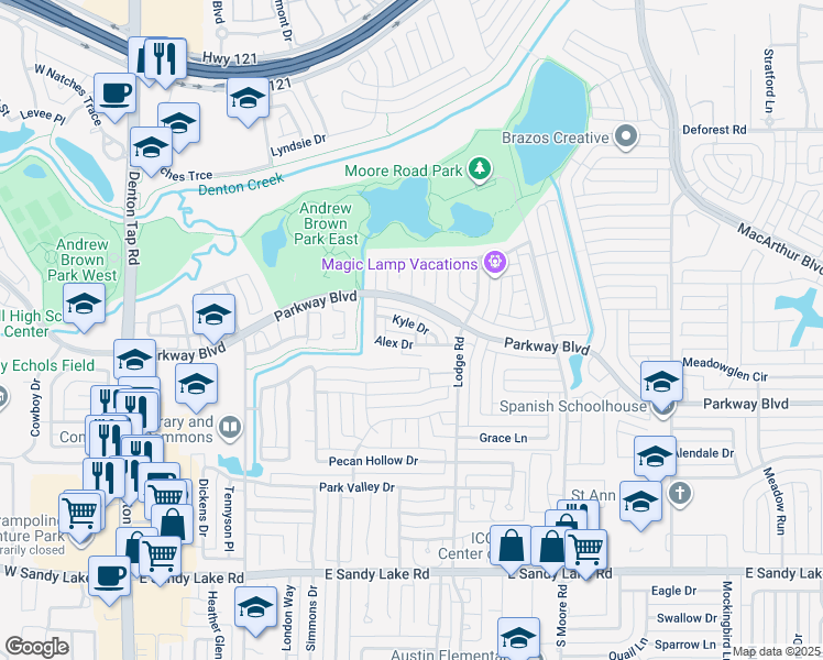 map of restaurants, bars, coffee shops, grocery stores, and more near 365 Kyle Drive in Coppell