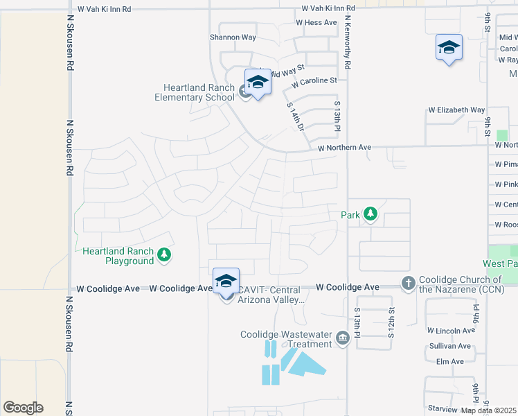 map of restaurants, bars, coffee shops, grocery stores, and more near 1627 West Central Avenue in Coolidge