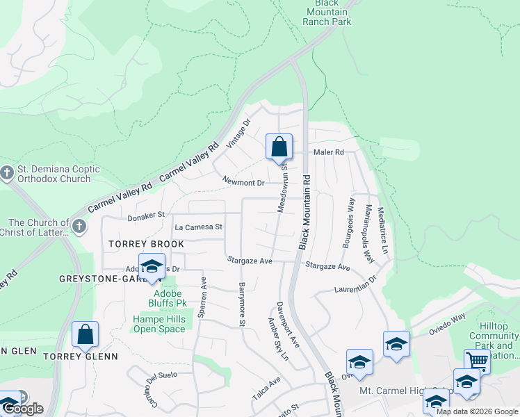map of restaurants, bars, coffee shops, grocery stores, and more near 9048 Meadowrun Place in San Diego