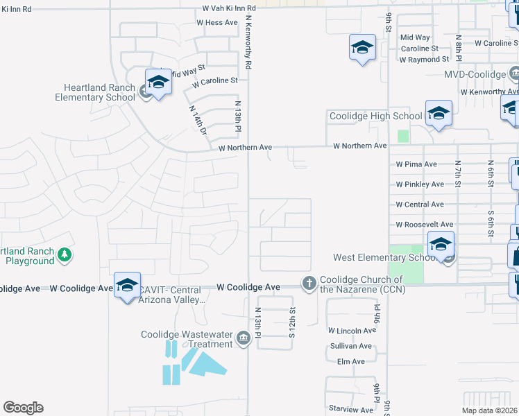 map of restaurants, bars, coffee shops, grocery stores, and more near 129 Cholla Street in Coolidge