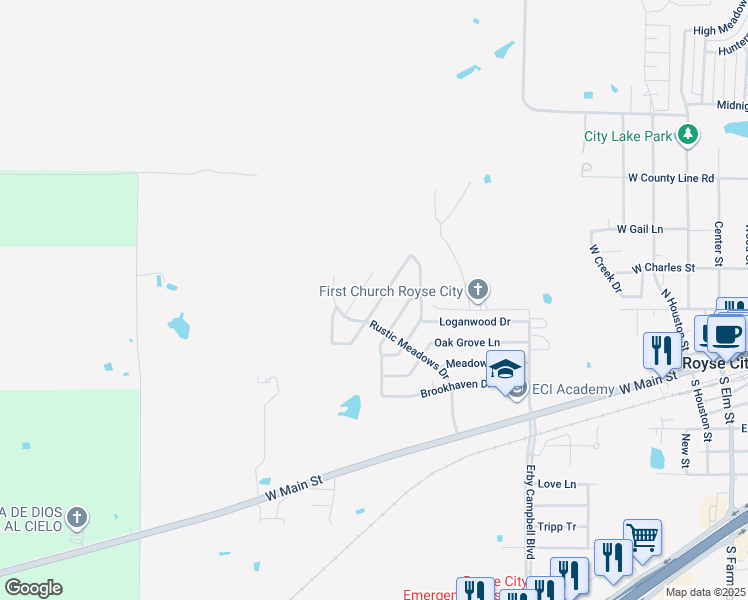map of restaurants, bars, coffee shops, grocery stores, and more near 416 Fireside Place in Royse City