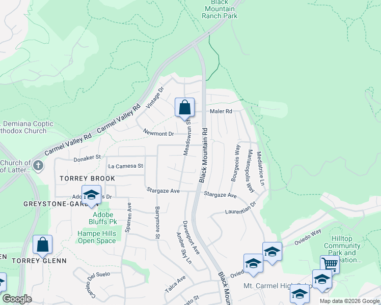 map of restaurants, bars, coffee shops, grocery stores, and more near 9144 Meadowrun Place in San Diego