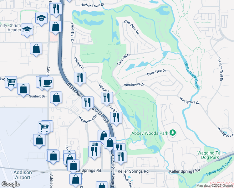 map of restaurants, bars, coffee shops, grocery stores, and more near 5156 Westgrove Drive in Dallas