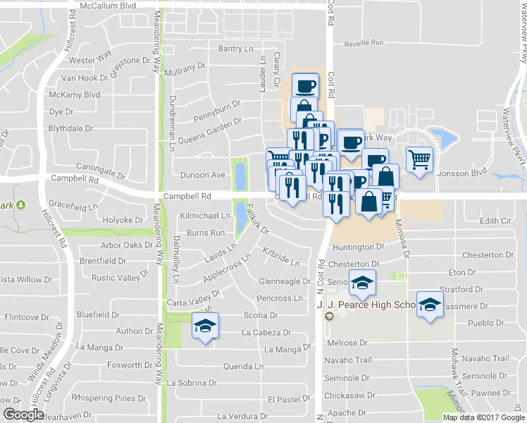 map of restaurants, bars, coffee shops, grocery stores, and more near 16353 Lauder Lane in Dallas