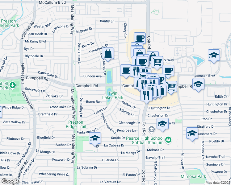 map of restaurants, bars, coffee shops, grocery stores, and more near 16426 Fallkirk Drive in Dallas
