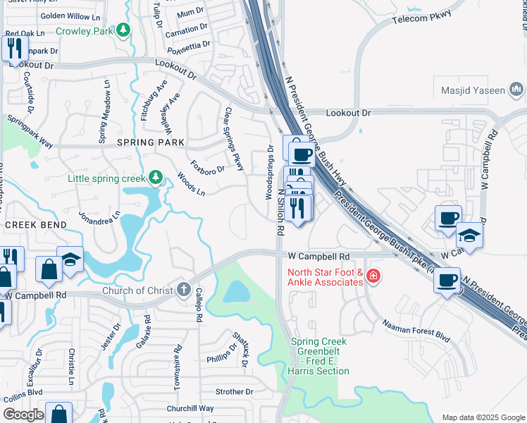 map of restaurants, bars, coffee shops, grocery stores, and more near 6902 Clear Springs Pkwy in Garland