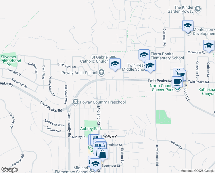 map of restaurants, bars, coffee shops, grocery stores, and more near 13780 Holly Oak Way in Poway