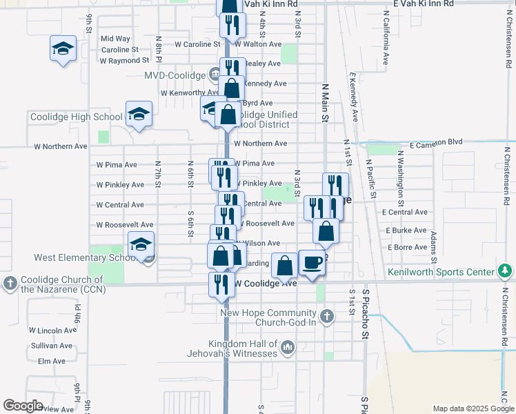 map of restaurants, bars, coffee shops, grocery stores, and more near 403 West Central Avenue in Coolidge