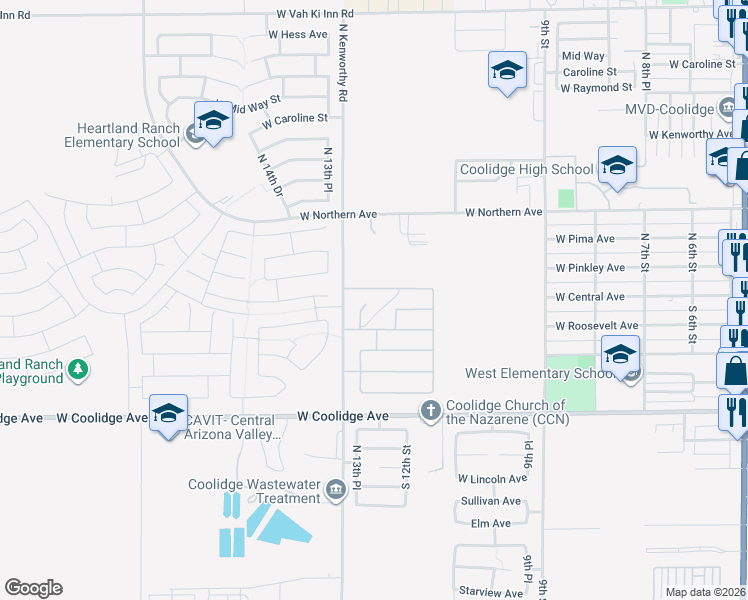 map of restaurants, bars, coffee shops, grocery stores, and more near 129 Cholla Street in Coolidge